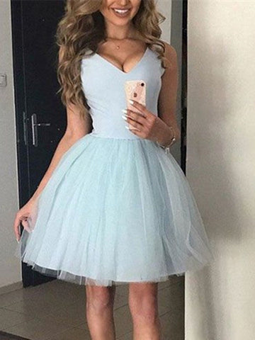 V Neck Short Light Blue Junior Prom Dress SHORT196