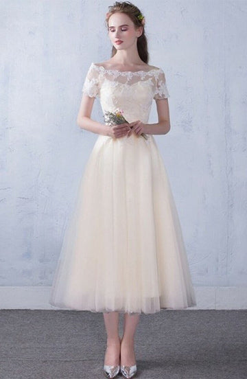 Champagne Tea Length Off The Shoulder After Party Wedding Dress SWD010