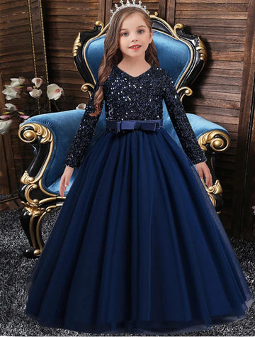 Girls Long Sleeve Sequins Ball Gown Birthday Party Dress TXH003