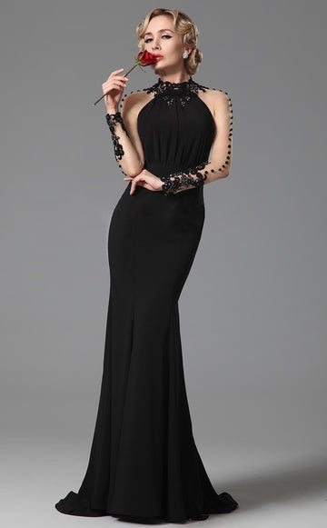 Black Trumpet/Mermaid High Neck Long Sleeve Floor-length Bridesmaid Formal Dress(BDJT1311)