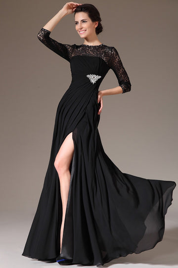 Black Chiffon And Lace Trumpet/Mermaid Jewel Floor-length With Split Front Bridesmaid Mother Formal Dress(BDJT1313)