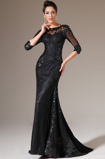 Black Lace Trumpet/Mermaid Bateau 3/4 Length Sleeve Bridesmaid Formal Dress(BDJT1316)