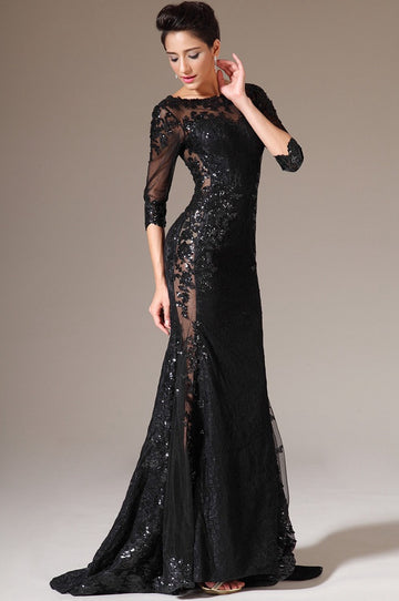 Black Lace Trumpet/Mermaid Bateau 3/4 Length Sleeve Bridesmaid Formal Dress(BDJT1316)