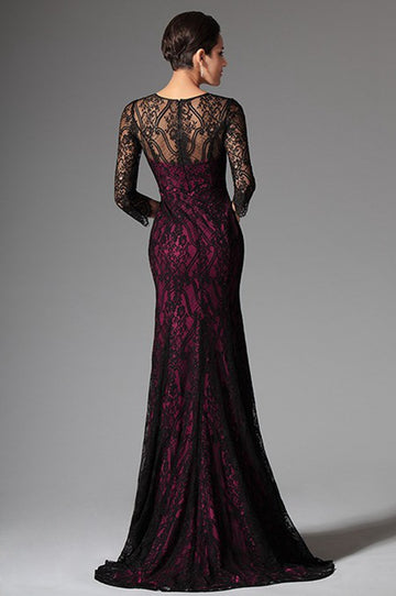Fuchsia Black Lace Trumpet/Mermaid Jewel 3/4 Length Sleeve Bridesmaid Mother Formal Dress(BDJT1318)