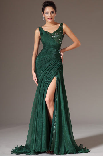 Dark Green Chiffon And Lace Trumpet/Mermaid Straps With Split Front Bridesmaid Formal Dress(BDJT1336)