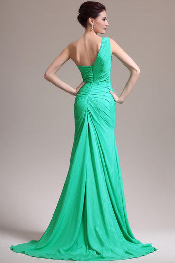 Green 100D Chiffon Trumpet/Mermaid One Shoulder With Split Front Bridesmaid Formal Dress(BDJT1343)