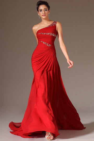 Red 100D Chiffon Sheath/Column One Shoulder Bridesmaid Formal Dress(BDJT1346)