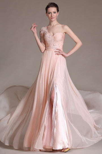 Pearl Pink 100D Chiffon A-line One Shoulder With Split Front Bridesmaid Formal Dress(BDJT1370)