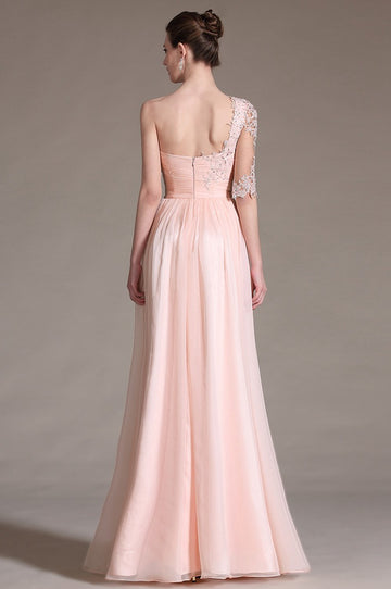 Pearl Pink 100D Chiffon A-line One Shoulder With Split Front Bridesmaid Formal Dress(BDJT1370)