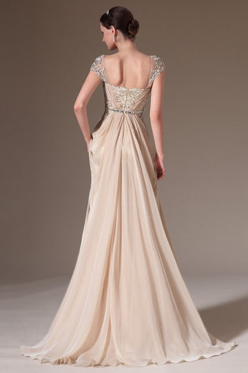 Champagne Chiffon And Lace Sheath/Column Off The Shoulder Short Sleeve Mother Formal Dress(BDJT1378)