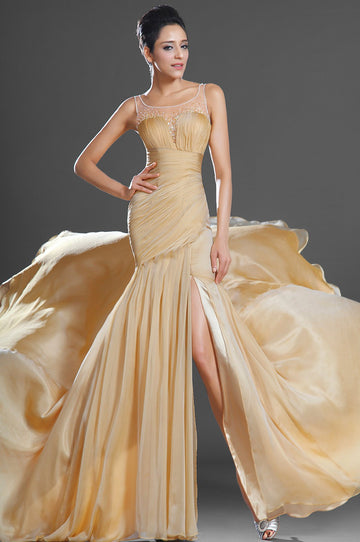 Gold Chiffon Trumpet/Mermaid Square With Split Front Bridesmaid Formal Dress(BDJT1385)