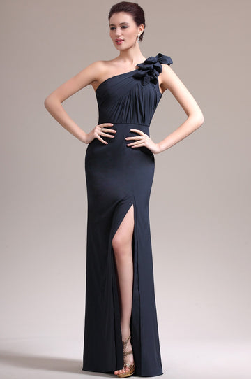 Dark Navy 100D Chiffon Trumpet/Mermaid One Shoulder With Split Front Bridesmaid Formal Dress(BDJT1387)
