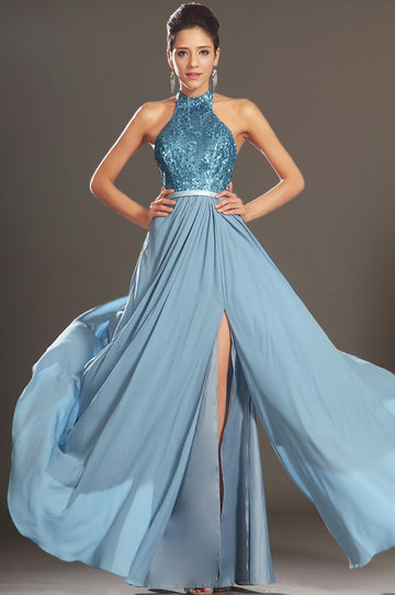 Pool Sequined And Chiffon A-line Halter With Split Front Bridesmaid Formal Dress(BDJT1398)