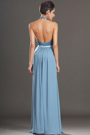 Pool Sequined And Chiffon A-line Halter With Split Front Bridesmaid Formal Dress(BDJT1398)