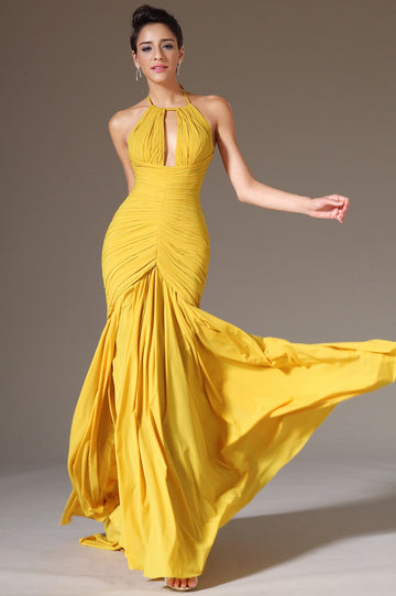 Yellow 100D Chiffon Trumpet/Mermaid Halter Bridesmaid Formal Dress(BDJT1403)
