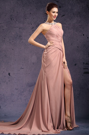 Nude Pink 100D Chiffon Trumpet/Mermaid Halter With Split Front Bridesmaid Formal Dress(BDJT1408)