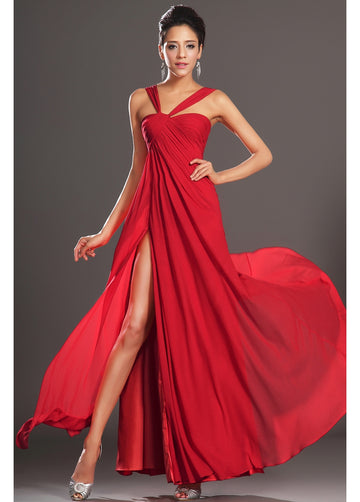Red 100D Chiffon A-line One Shoulder With Split Front Bridesmaid Formal Dress(BDJT1414)