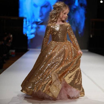 Long Sleeve Sequins Gold Kids Prom Dress BDCHK003