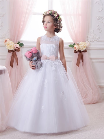 White Tulle , Lace Princess Flower Girl Dress BDCHK148