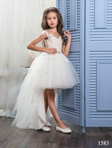 Tulle , Lace Princess Cap Sleeve High Low Kids Party Dress BDCHK163