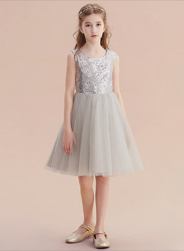 Knee Length Silver Squined Flower Girl Dress BDCHK166