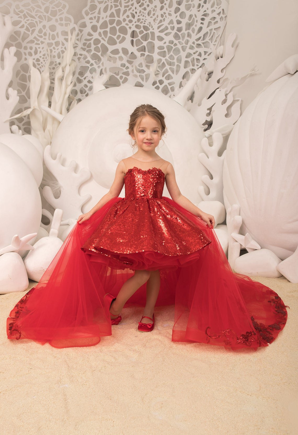 Red Sequins Removable High Low Kids Party Dress with Bow BDCHK180 Red Sequins Removable High Low Kids Party Dress with Bow BDCHK180