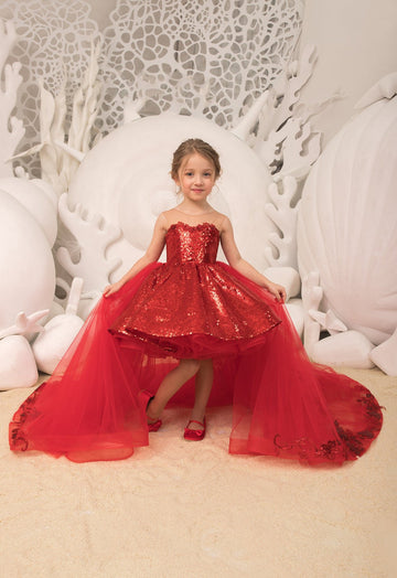 Red Sequins Removable High Low Kids Party Dress with Bow BDCHK180