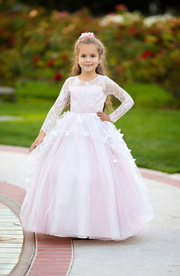 Pinky Lace Long Sleeves Flower Girl Dress Butterfly Lace BDCHK181