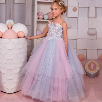 Lace Silver-Pinky Straps Ball Gown Kids Party Dress BDFGD344