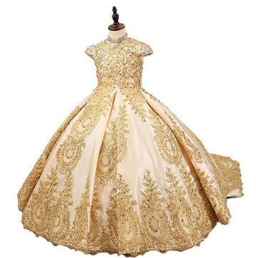 Gold Lace Flower Girl Dress Short Sleeveles BDFGD516