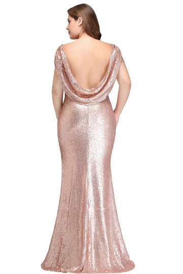 Rose Gold Long Short Sleeve Plus Size Bridesmaid Dress BPPBD001