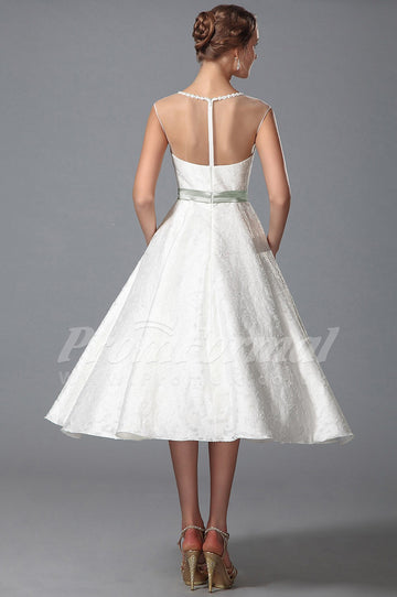 Classic A-line Illusion Tea-length White Lace Rockabilly Bridal Gown (PRJT04-1812)