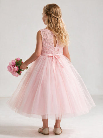 Pink Tea-length Kids Flower Girl Dress BDACH006