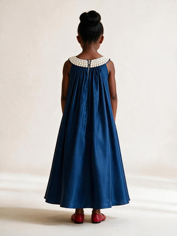 Royal Blue Satin Flower Girl Dress with Pearl Details ACH148
