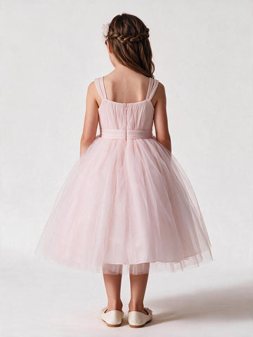 Tea Length Pearl Pink Tulle Flower Girl Dress ACH155