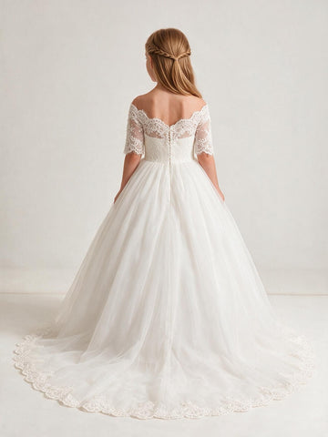 Ball Gown Off-the-shoulder Long Sleeve White Flower Girl Dress ACH176
