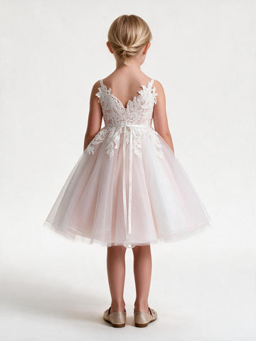 V-neck Pink Flower Girl Dress ACH223