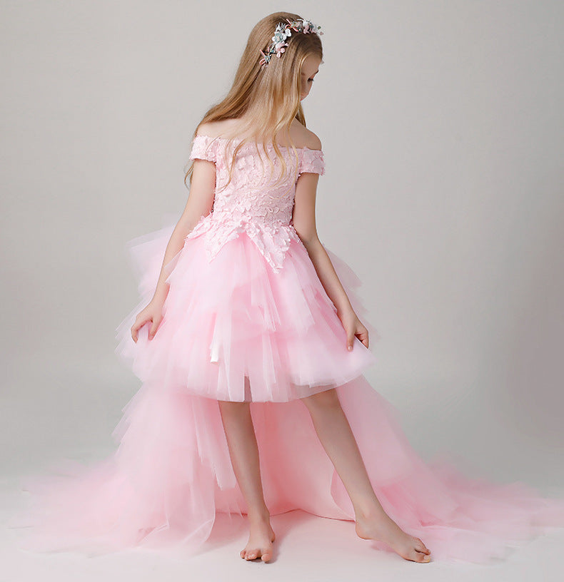 Off the Shoulder Pink Kids High Low Pageant Dress BCH014
