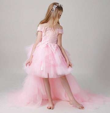 Off the Shoulder Pink Kids High Low Pageant Dress BCH014