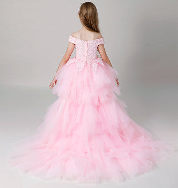 Off the Shoulder Pink Kids High Low Pageant Dress BCH014