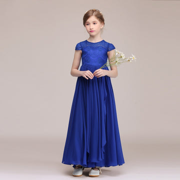 Royal Blue Lace Chiffon Kids Girl Cap Sleeve Wedding Party Dress BCH026