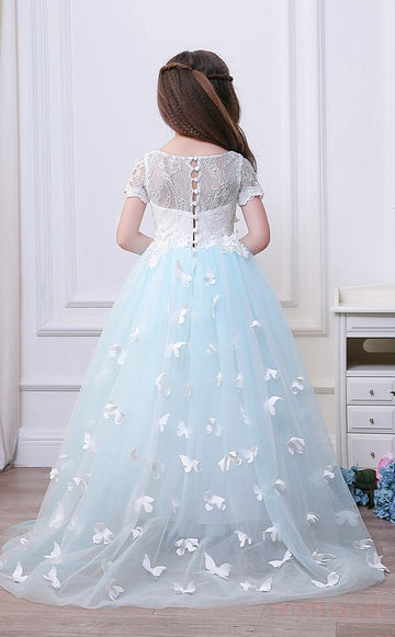 A-line Jewel Sky Blue Kids Girls Dress CH0156