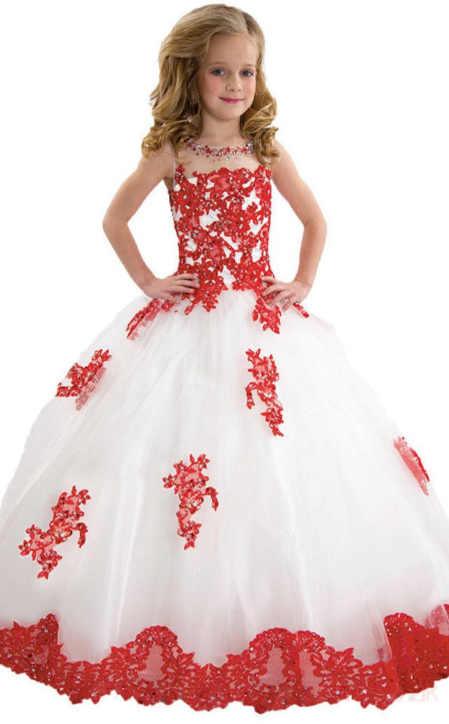 Ball Gown Lace Beading Red Kids Girls Prom Dress CH0160