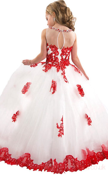 Ball Gown Lace Beading Red Kids Girls Prom Dress CH0160