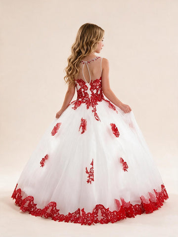 Ball Gown Lace Beading Red Kids Girls Prom Dress CH0160