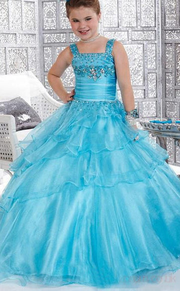 Ball Gown Straps Pool Blue Kids Girls Prom Dress CH0171