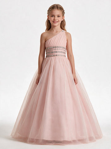 A-line One Shoulder Blushing Pink Kids Girls Dress CH0175