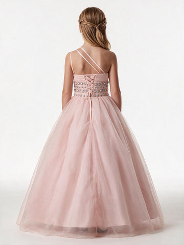 A-line One Shoulder Blushing Pink Kids Girls Dress CH0175