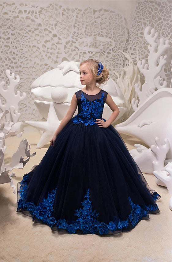 Princess Girls Black Long Sleeve Prom Dress CHK215 With Blue Lace