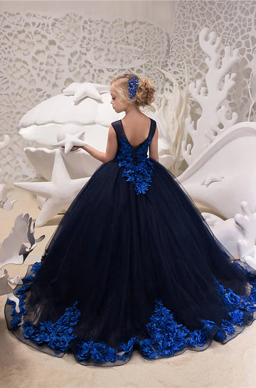 Princess Girls Black Long Sleeve Prom Dress CHK215 With Blue Lace